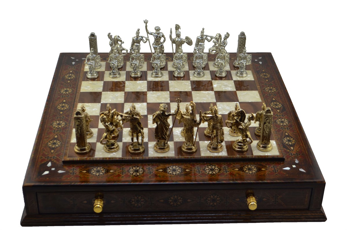 Gifthome Metal Satranç Takımı/Seti;Battal,Yunan,Parlak,Sedefli,K.Ceviz,Çekm.Satranç Tahtası
