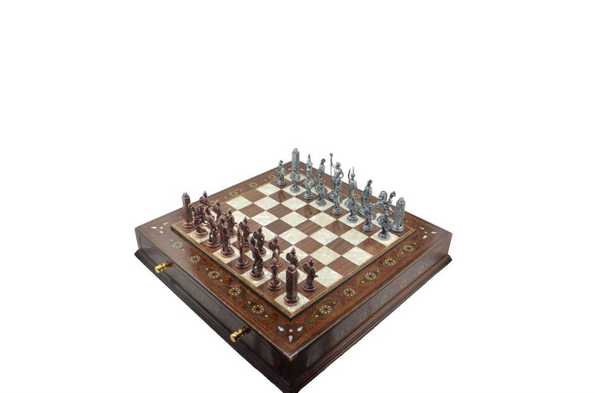Gifthome Metal Satranç Takımı/Seti;Battal,Yunan,Antik,Sedefli,K.Ceviz ,Çekm. Satranç Tahtası 