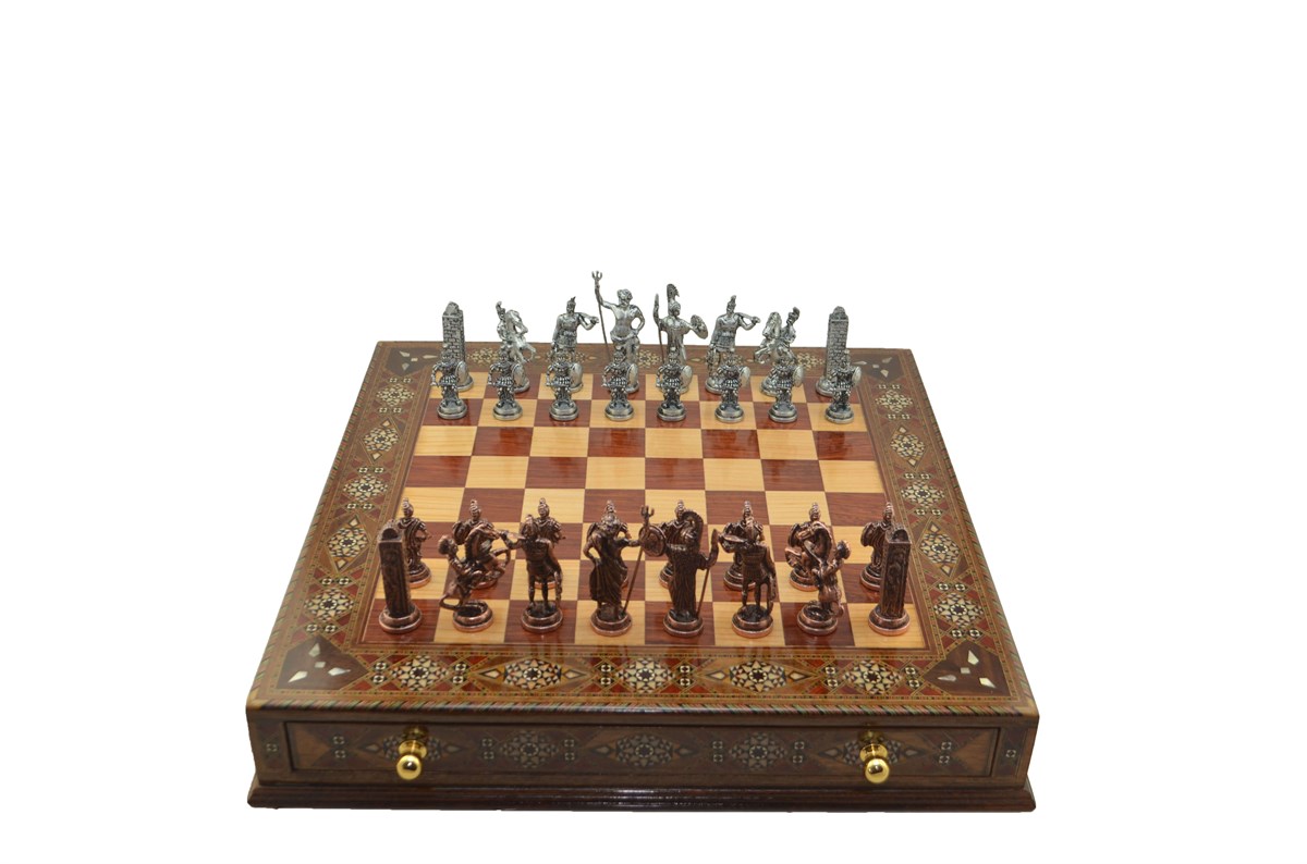 Gifthome Metal Satranç Takımı/Seti;Battal,Yunan,Antik,Sedefli,Ceviz ,Çekm. Satranç Tahtası 