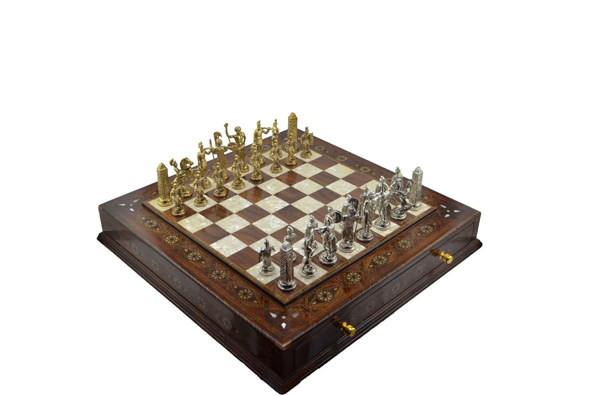 Gifthome Metal Satranç Takımı/Seti;Battal,Yunan,Parlak,Sedefli,K.Ceviz,Çekm.Satranç Tahtası