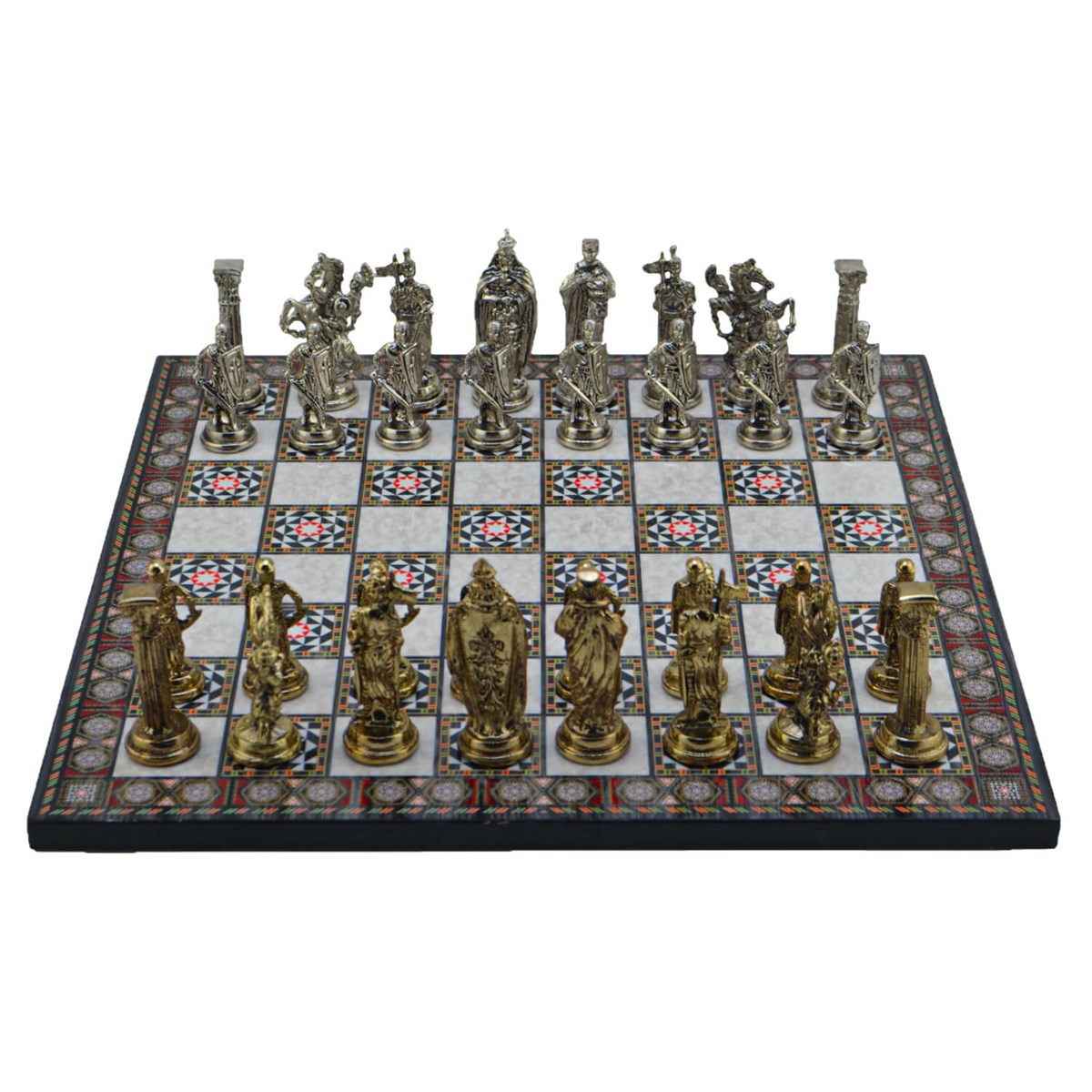 Gifthome Metal Satranç Takımı/Seti;Büyük,İngiliz,Parlak Taş ve Sedef Desenli Satranç Tahtası