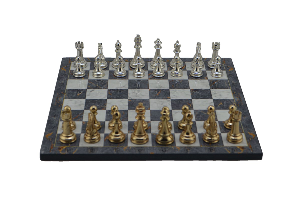 Gifthome Metal Satranç Takımı/Seti;Büyük,Klasik,Parlak Taş ve Gri Mermer Desenli Satranç Tahtası