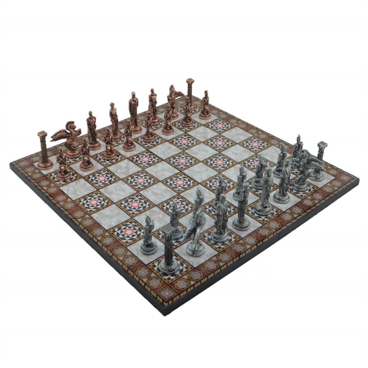 Gifthome Metal Satranç Takımı/Seti,Büyük,Pegasus, Antik, Katlanır Sedef Desenli Satranç Tahtası