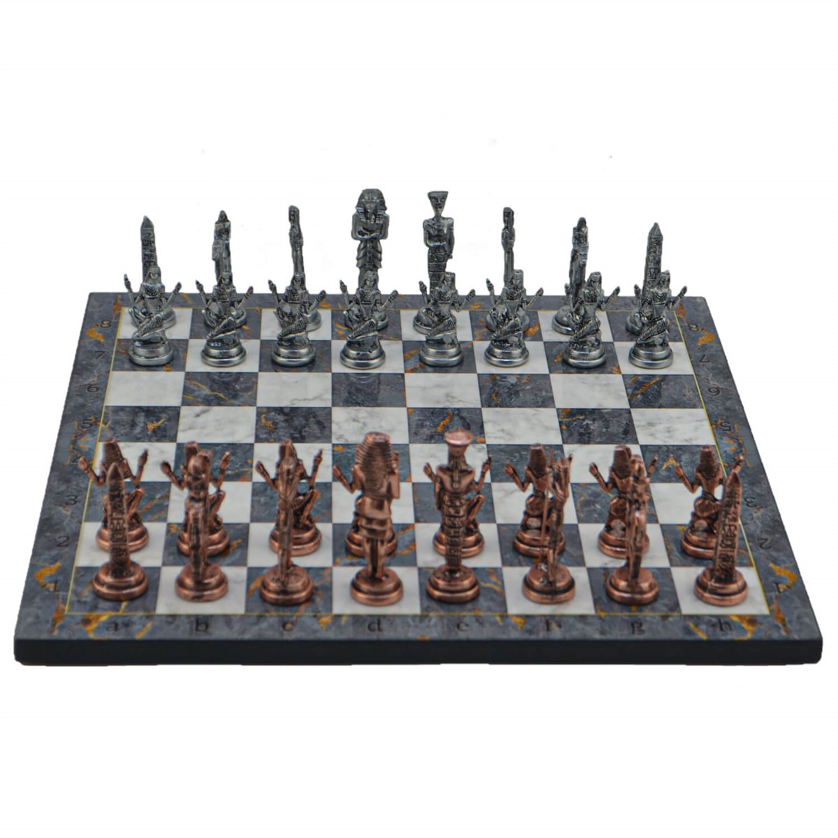 Gifthome Metal Satranç Takımı/Seti;Büyük,Mısır,Antik Taş ve Gri Mermer Desenli Satranç Tahtası