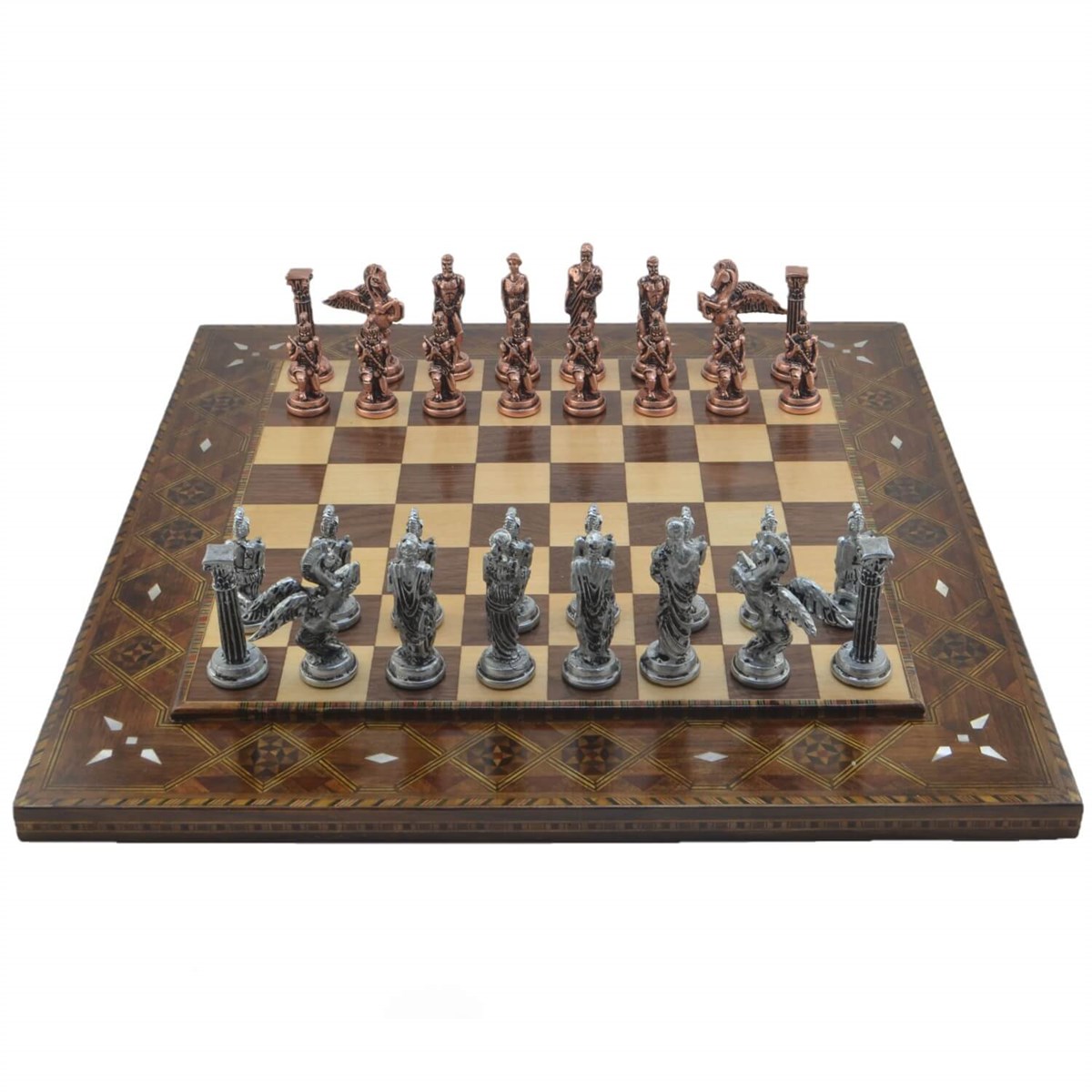 Gifthome Metal Satranç Takımı/Seti,Büyük,Pegasus, Antik ve Düz Masif Ahşap Satranç Tahtası