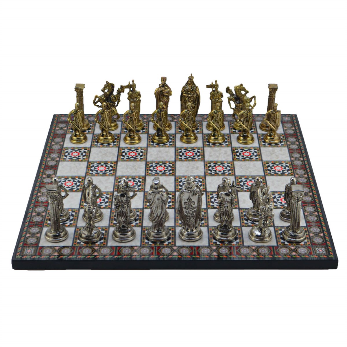 Gifthome Metal Satranç Takımı/Seti;Büyük,İngiliz,Parlak Taş ve Sedef Desenli Satranç Tahtası