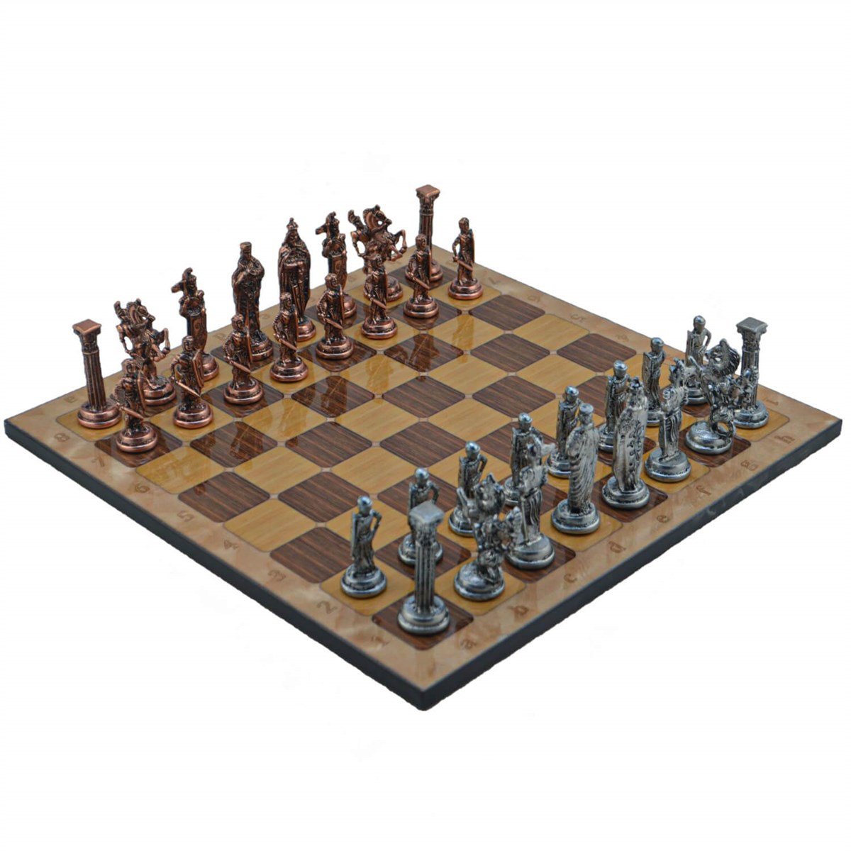 Gifthome Metal Satranç Takımı/Seti;Büyük,İngiliz,Antik Taş ve Rustik Ceviz Desenli Satranç Tahtası