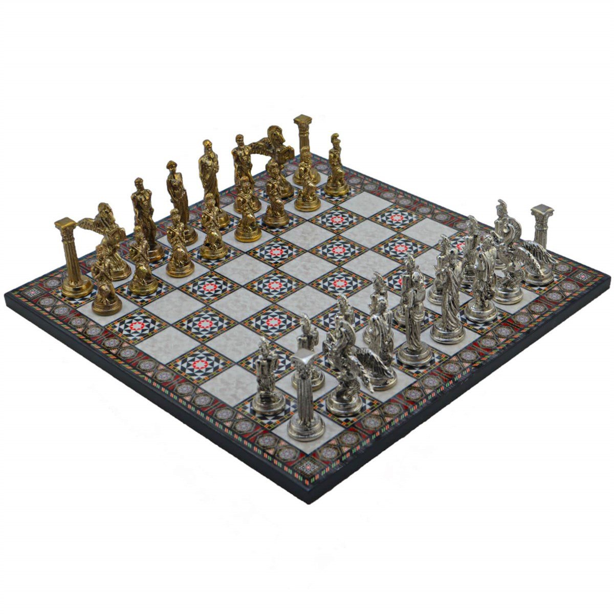 Gifthome Metal Satranç Takımı/Seti,Büyük,Pegasus Figürlü,Parlak ve Sedef Desenli Satranç Tahtası