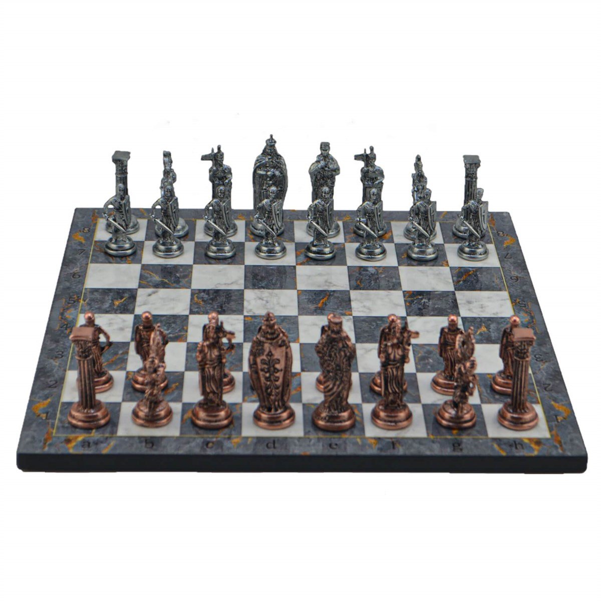 Gifthome Metal Satranç Takımı/Seti;Büyük,İngiliz,Antik Taş ve Gri Mermer Desenli Satranç Tahtası