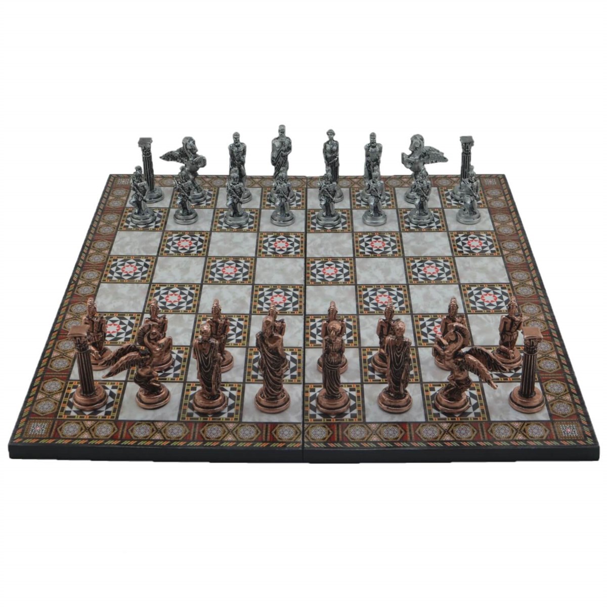 Gifthome Metal Satranç Takımı/Seti,Büyük,Pegasus, Antik, Katlanır Sedef Desenli Satranç Tahtası