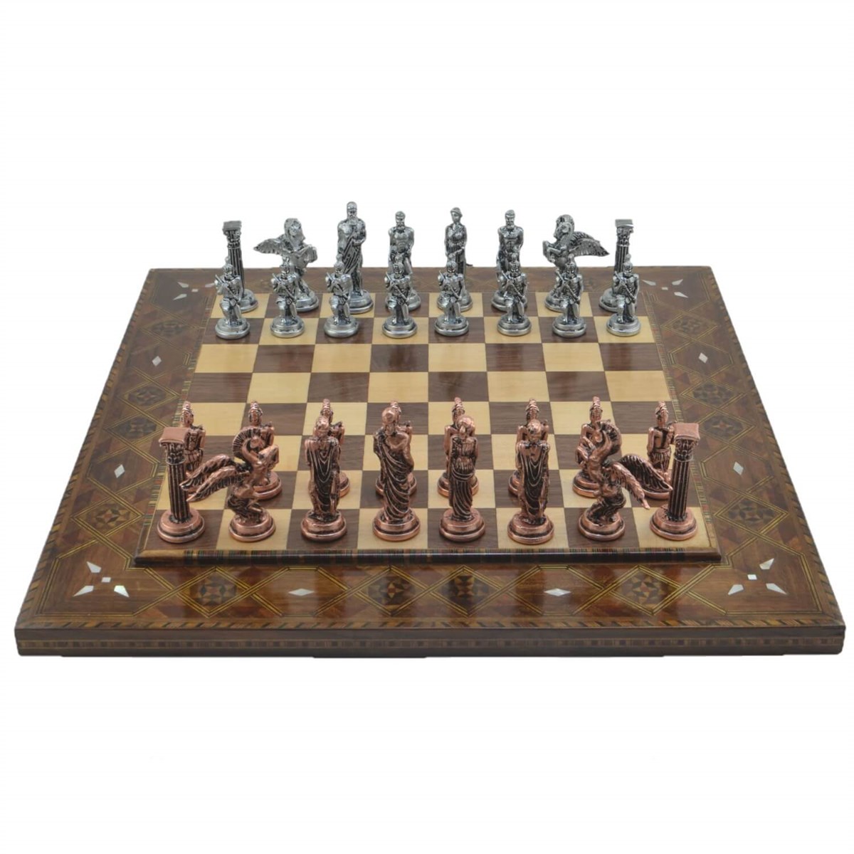 Gifthome Metal Satranç Takımı/Seti,Büyük,Pegasus, Antik ve Düz Masif Ahşap Satranç Tahtası