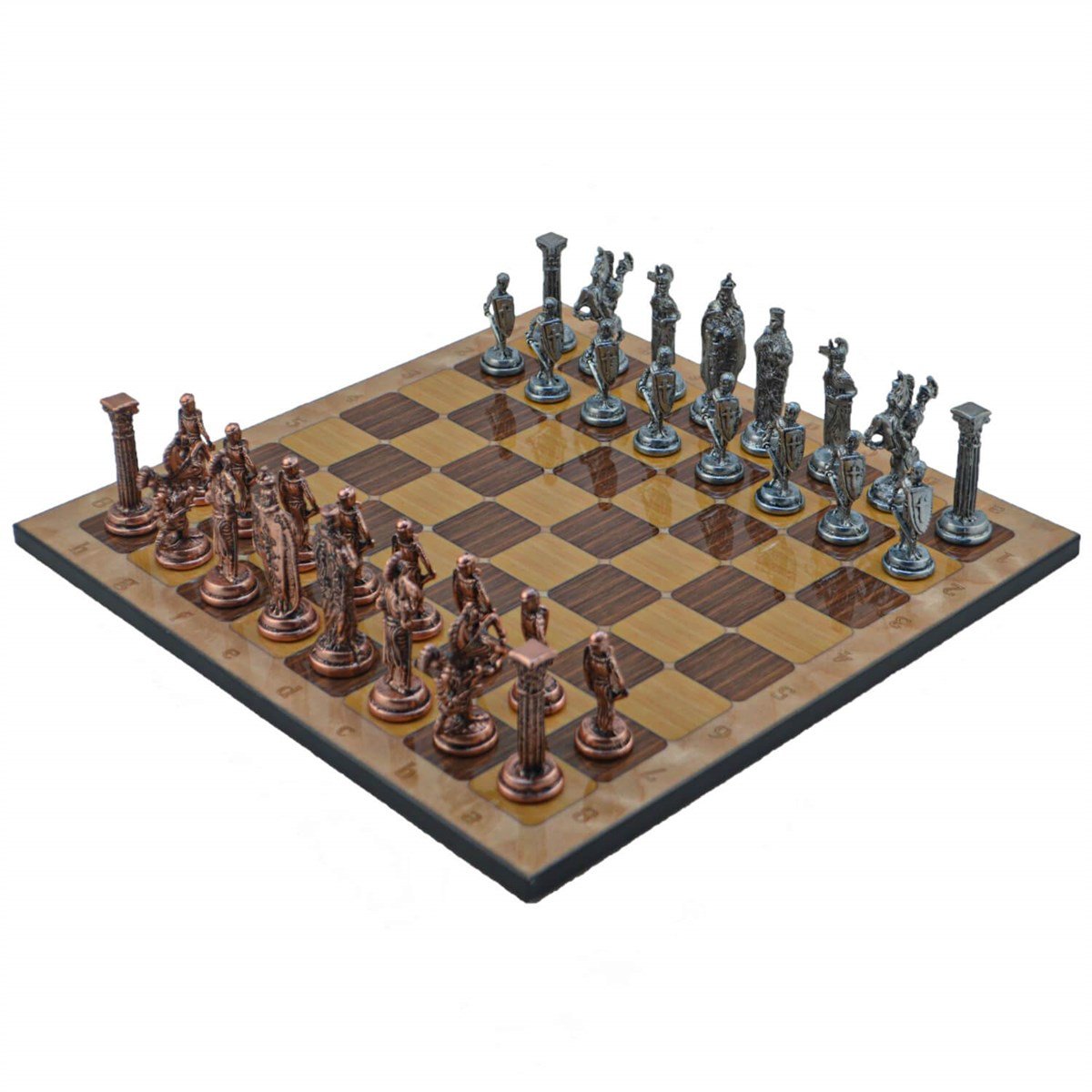 Gifthome Metal Satranç Takımı/Seti;Büyük,İngiliz,Antik Taş ve Rustik Ceviz Desenli Satranç Tahtası