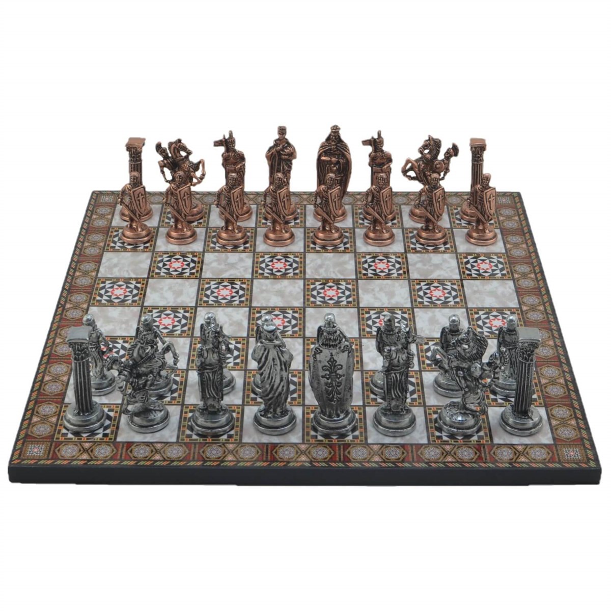 Gifthome Metal Satranç Takımı/Seti;Büyük,İngiliz,Antik Taş ve Sedef Desenli Satranç Tahtası