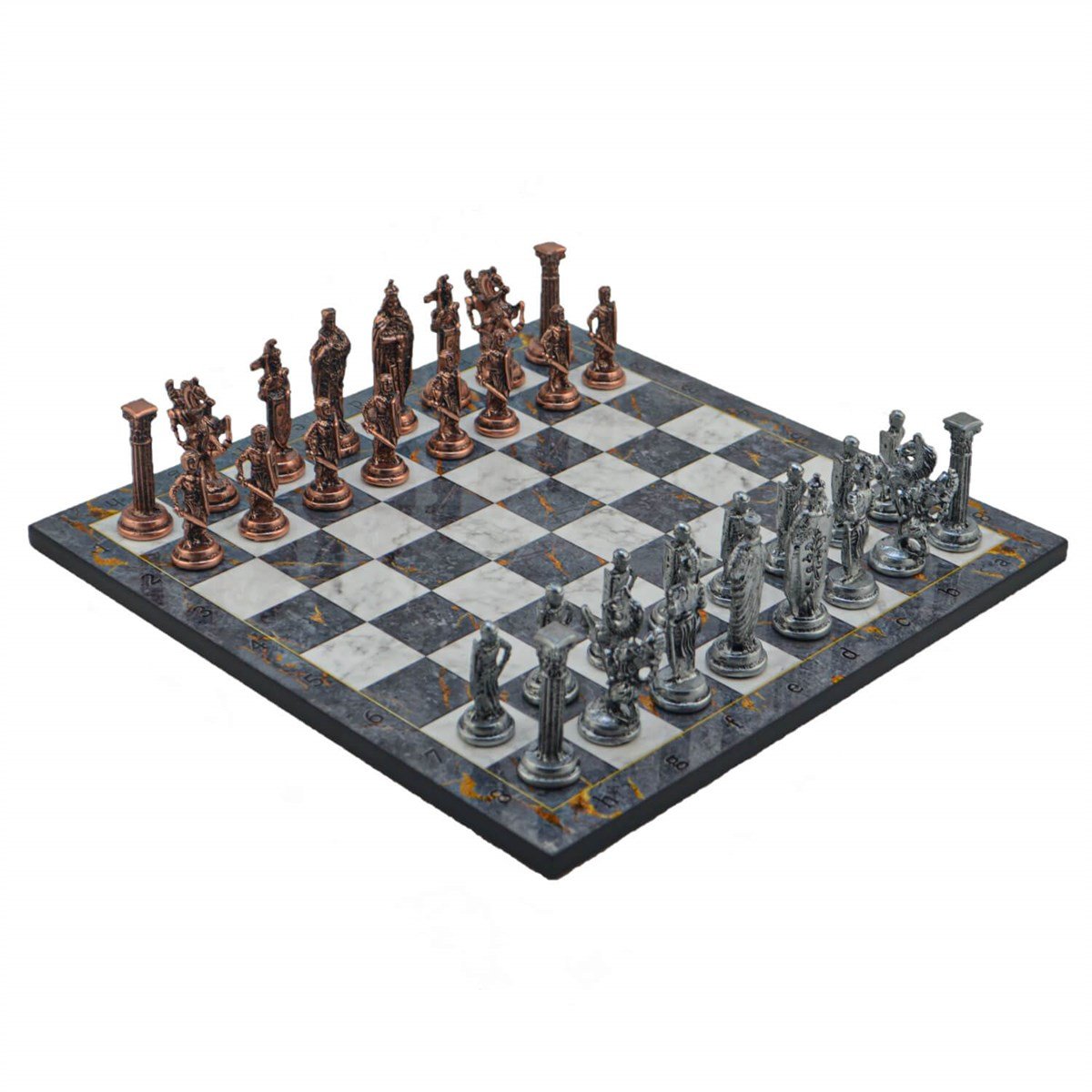 Gifthome Metal Satranç Takımı/Seti;Büyük,İngiliz,Antik Taş ve Gri Mermer Desenli Satranç Tahtası