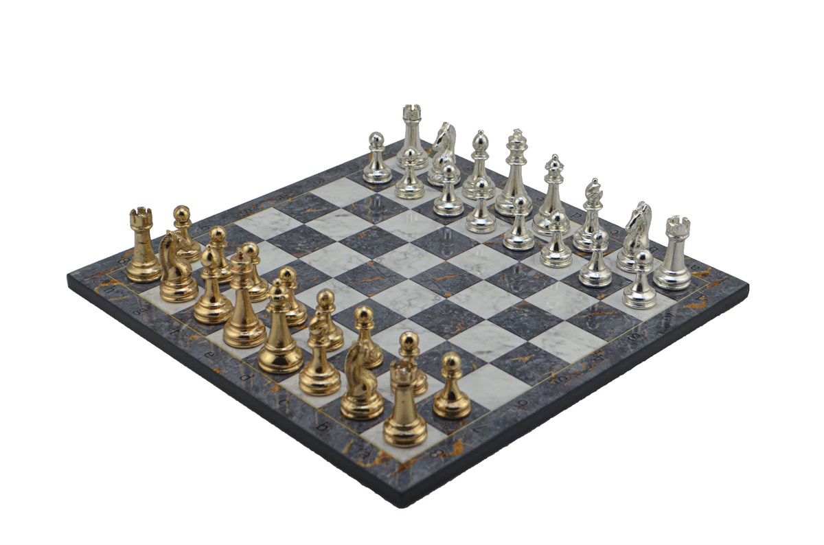 Gifthome Metal Satranç Takımı/Seti;Büyük,Klasik,Parlak Taş ve Gri Mermer Desenli Satranç Tahtası