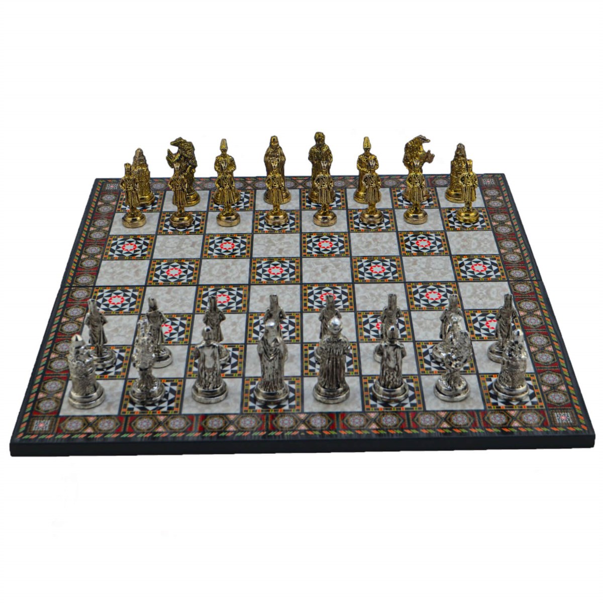 Gifthome Metal Satranç Takımı/Seti;Büyük,Osmanlı,Parlak ve Katlanır Sedef Desenli Satranç Tahtası