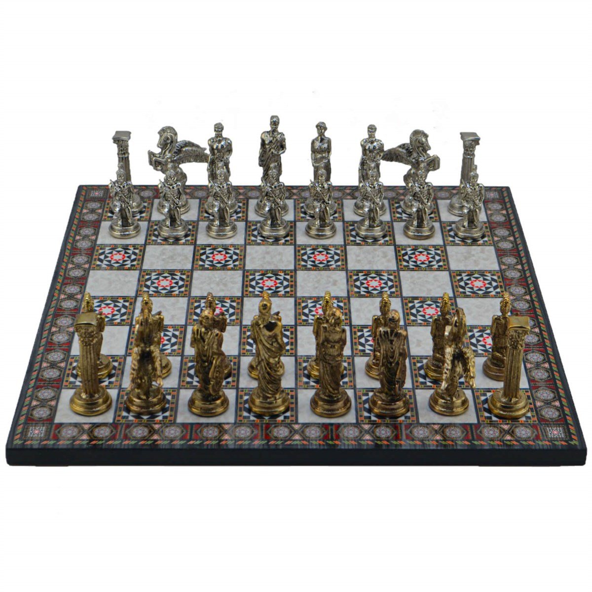 Gifthome Metal Satranç Takımı/Seti,Büyük,Pegasus Figürlü,Parlak ve Sedef Desenli Satranç Tahtası