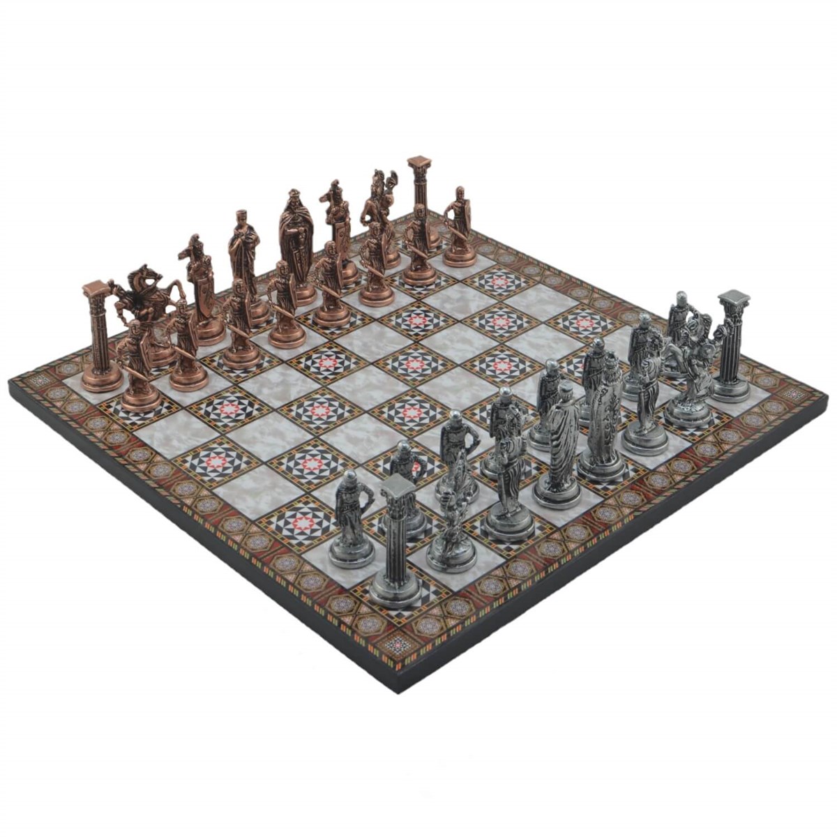 Gifthome Metal Satranç Takımı/Seti;Büyük,İngiliz,Antik Taş ve Sedef Desenli Satranç Tahtası