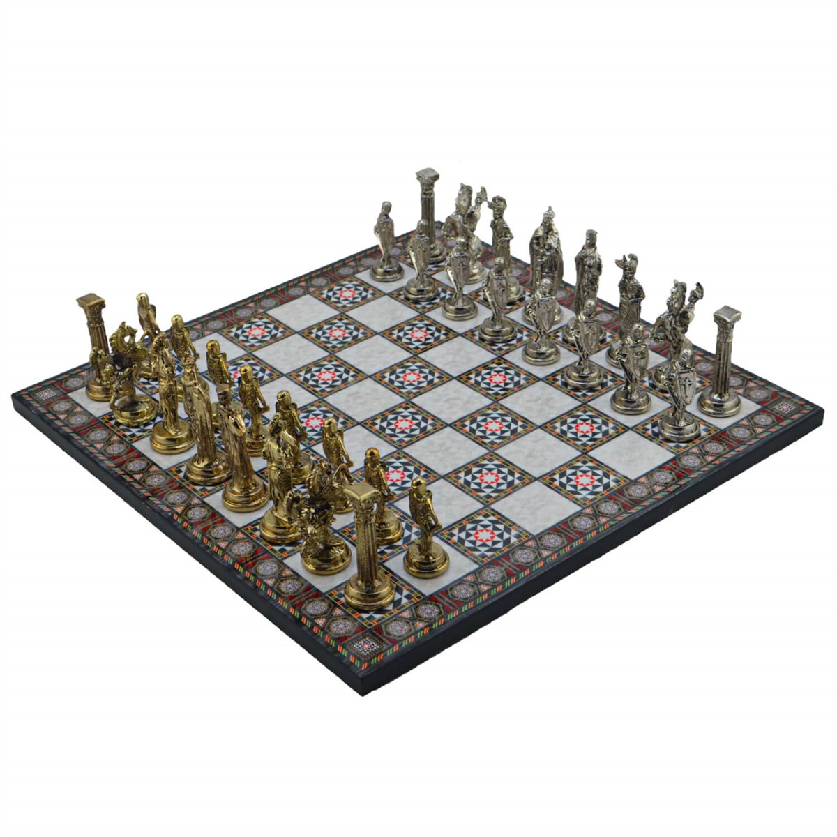 Gifthome Metal Satranç Takımı/Seti;Büyük,İngiliz,Parlak Taş ve Sedef Desenli Satranç Tahtası