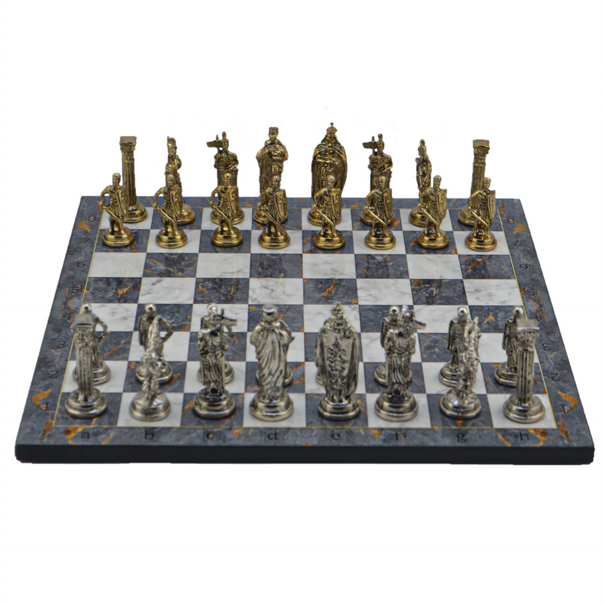Gifthome Metal Satranç Takımı/Seti;Büyük,İngiliz,Parlak Taş ve Gri Mermer Desenli Satranç Tahtası