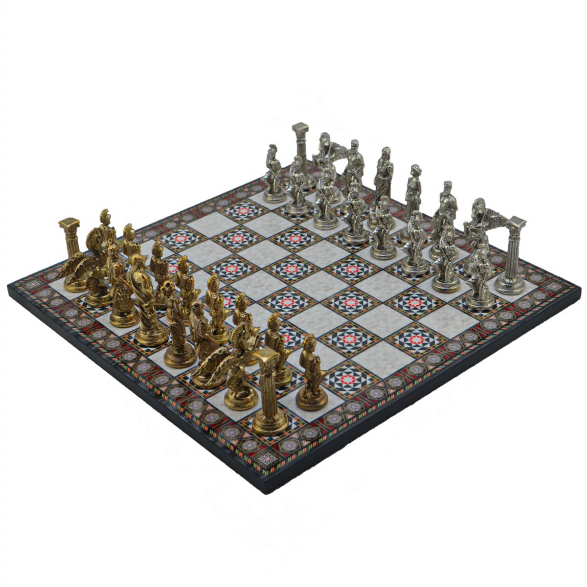 Gifthome Metal Satranç Takımı/Seti,Büyük,Pegasus Figürlü,Parlak ve Sedef Desenli Satranç Tahtası
