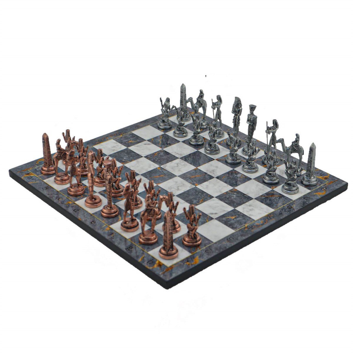 Gifthome Metal Satranç Takımı/Seti;Büyük,Mısır,Antik Taş ve Gri Mermer Desenli Satranç Tahtası