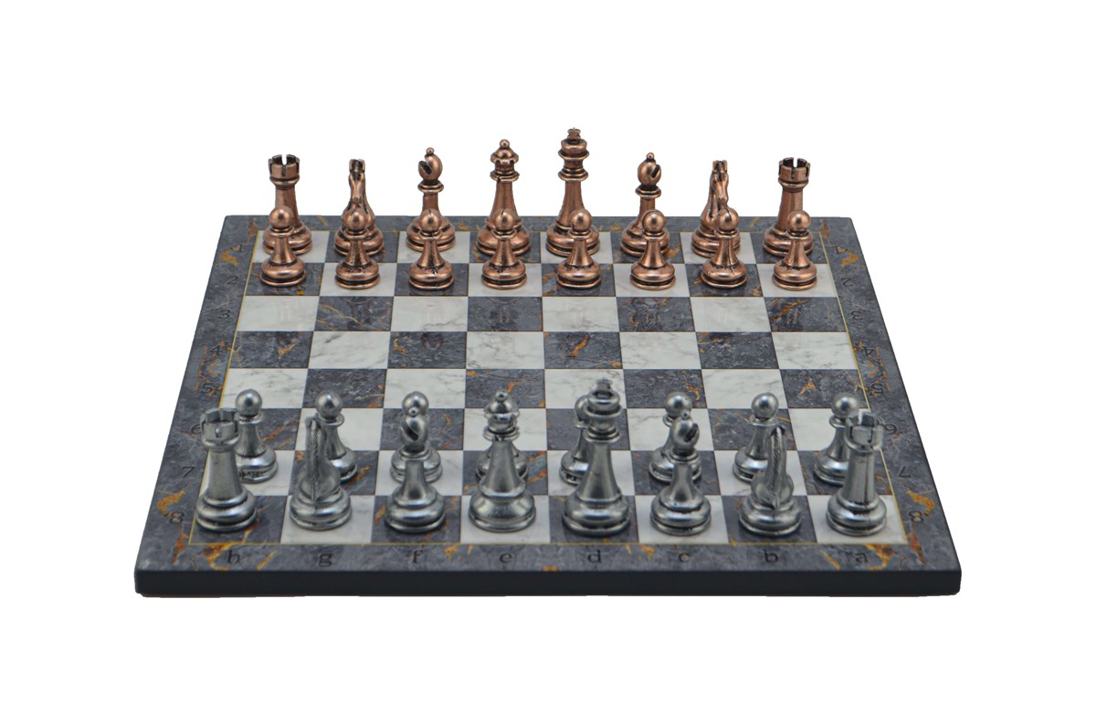 Gifthome Metal Satranç Takımı/Seti;Büyük,Klasik,Antik Taş ve Gri Mermer Desenli Satranç Tahtası