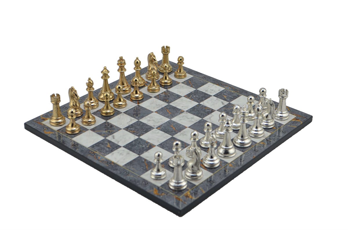 Gifthome Metal Satranç Takımı/Seti;Büyük,Klasik,Parlak Taş ve Gri Mermer Desenli Satranç Tahtası