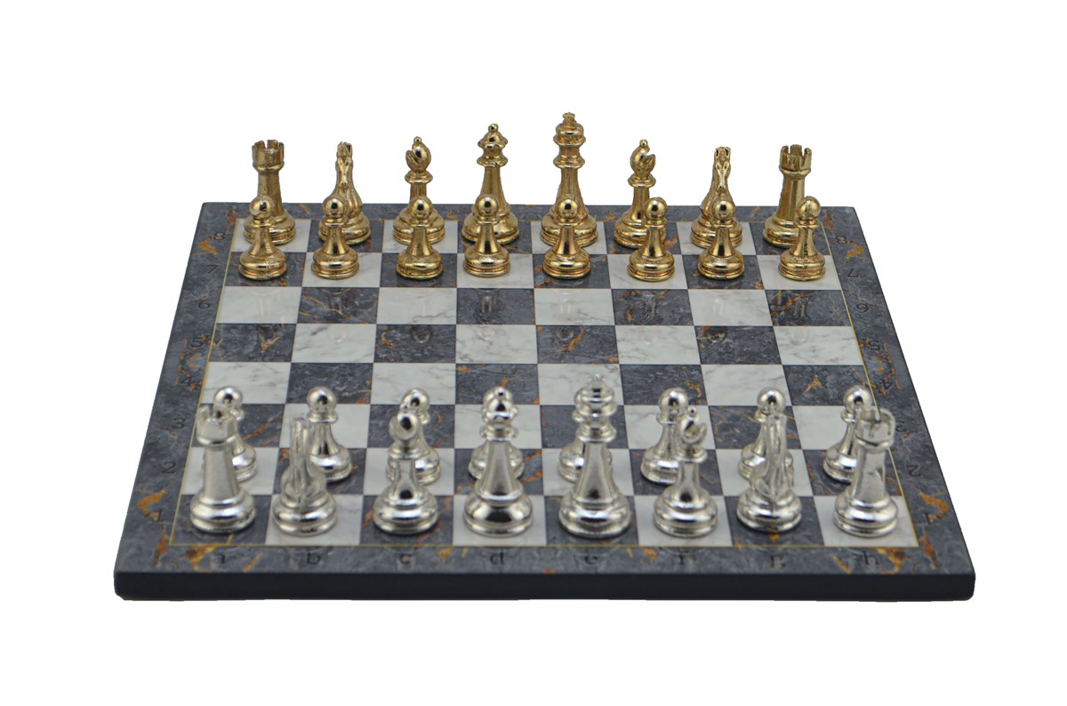 Gifthome Metal Satranç Takımı/Seti;Büyük,Klasik,Parlak Taş ve Gri Mermer Desenli Satranç Tahtası