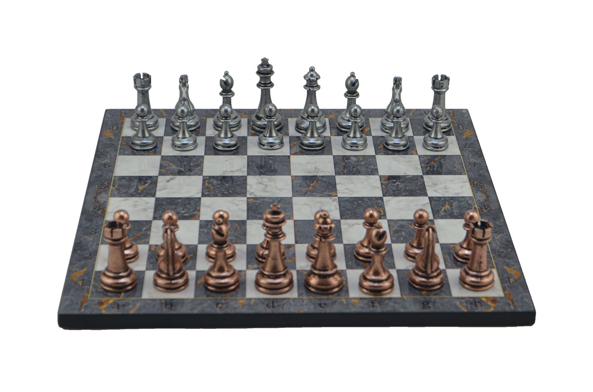 Gifthome Metal Satranç Takımı/Seti;Büyük,Klasik,Antik Taş ve Gri Mermer Desenli Satranç Tahtası