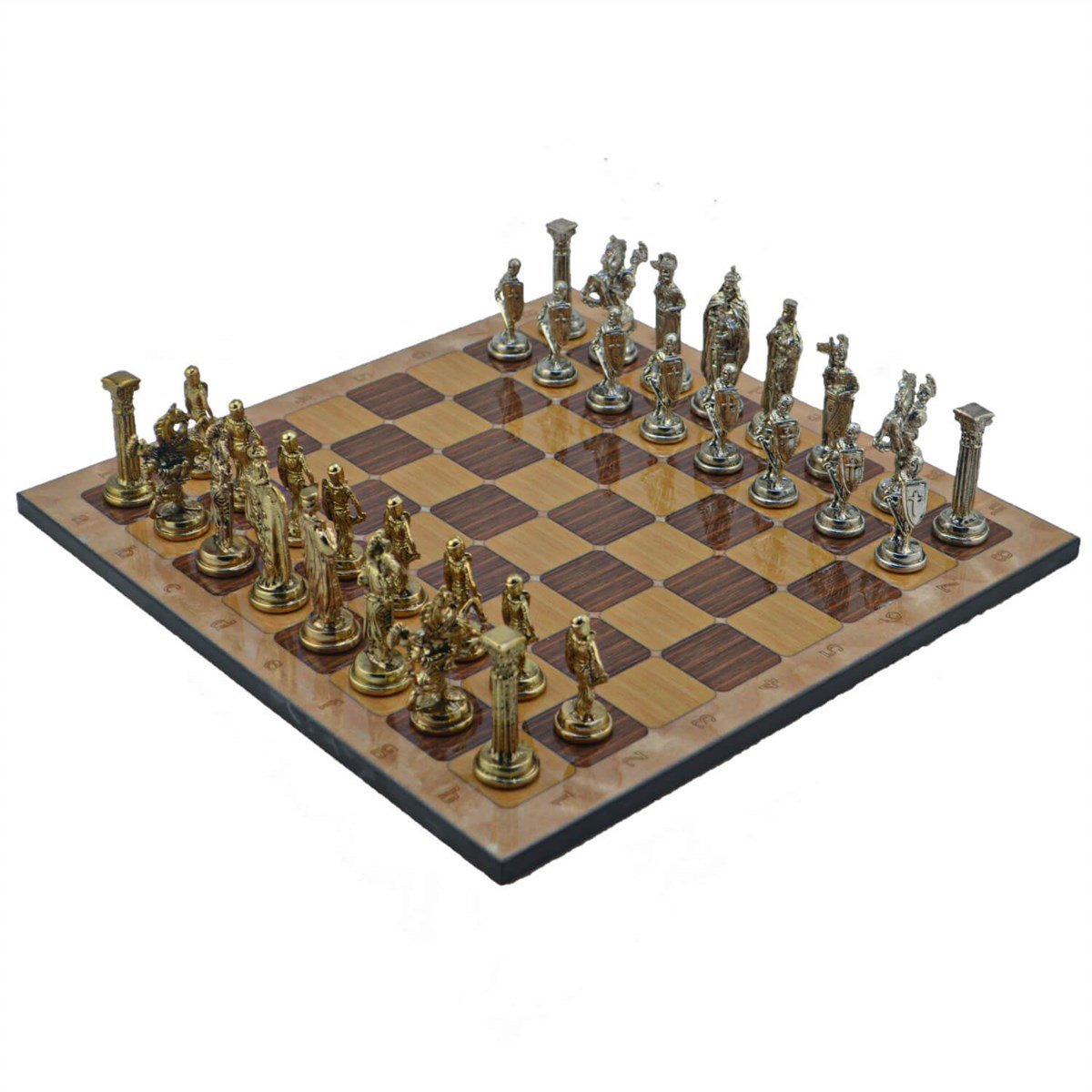 Gifthome Metal Satranç Takımı/Seti;Büyük,İngiliz,Parlak ve Rustik Ceviz Desenli Satranç Tahtası