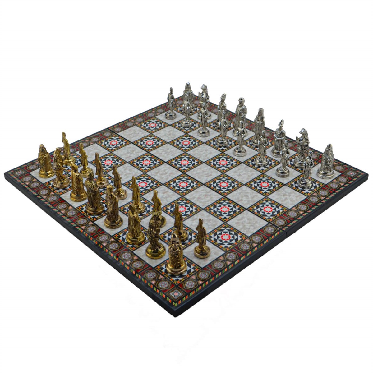 Gifthome Metal Satranç Takımı/Seti;Büyük,Osmanlı,Parlak ve Katlanır Sedef Desenli Satranç Tahtası