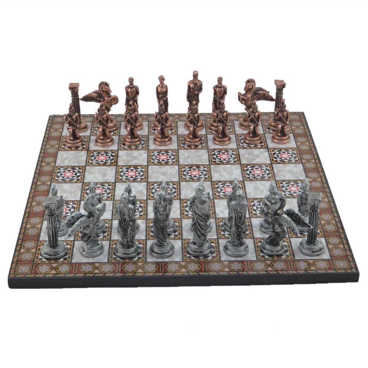 Gifthome Metal Satranç Takımı/Seti,Büyük,Pegasus, Antik ve Sedef Desenli Satranç Tahtası