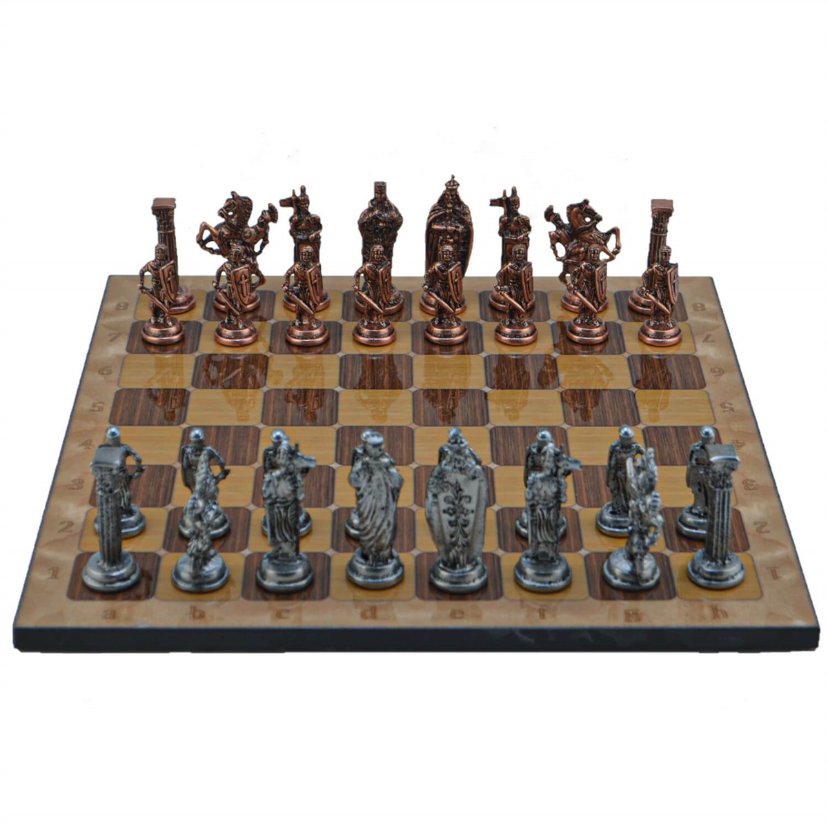 Gifthome Metal Satranç Takımı/Seti;Büyük,İngiliz,Antik Taş ve Rustik Ceviz Desenli Satranç Tahtası