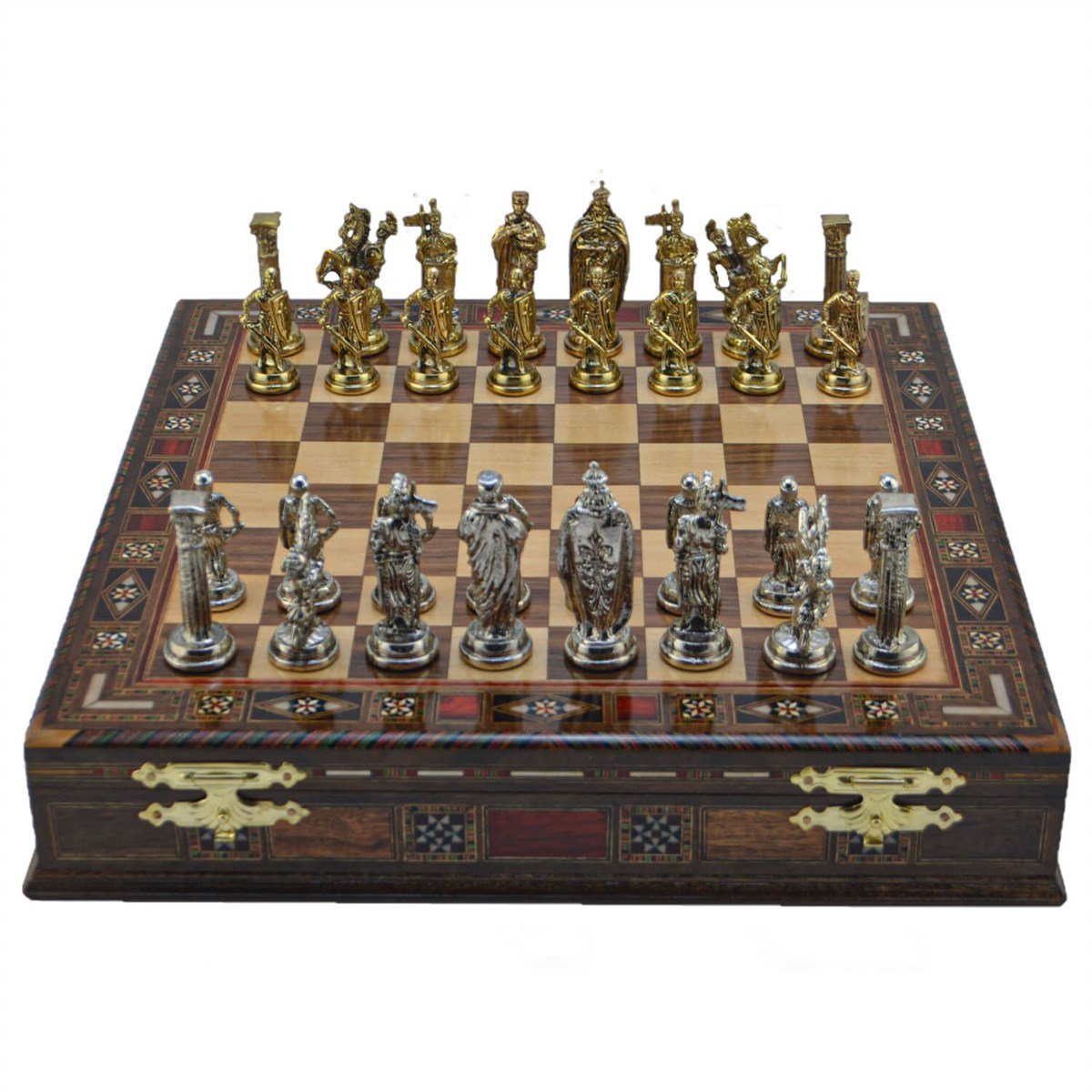 Gifthome Metal Satranç Takımı/Seti;Büyük,İngiliz,Parlak ve Sandıklı Masif Ahşap Satranç Tahtası