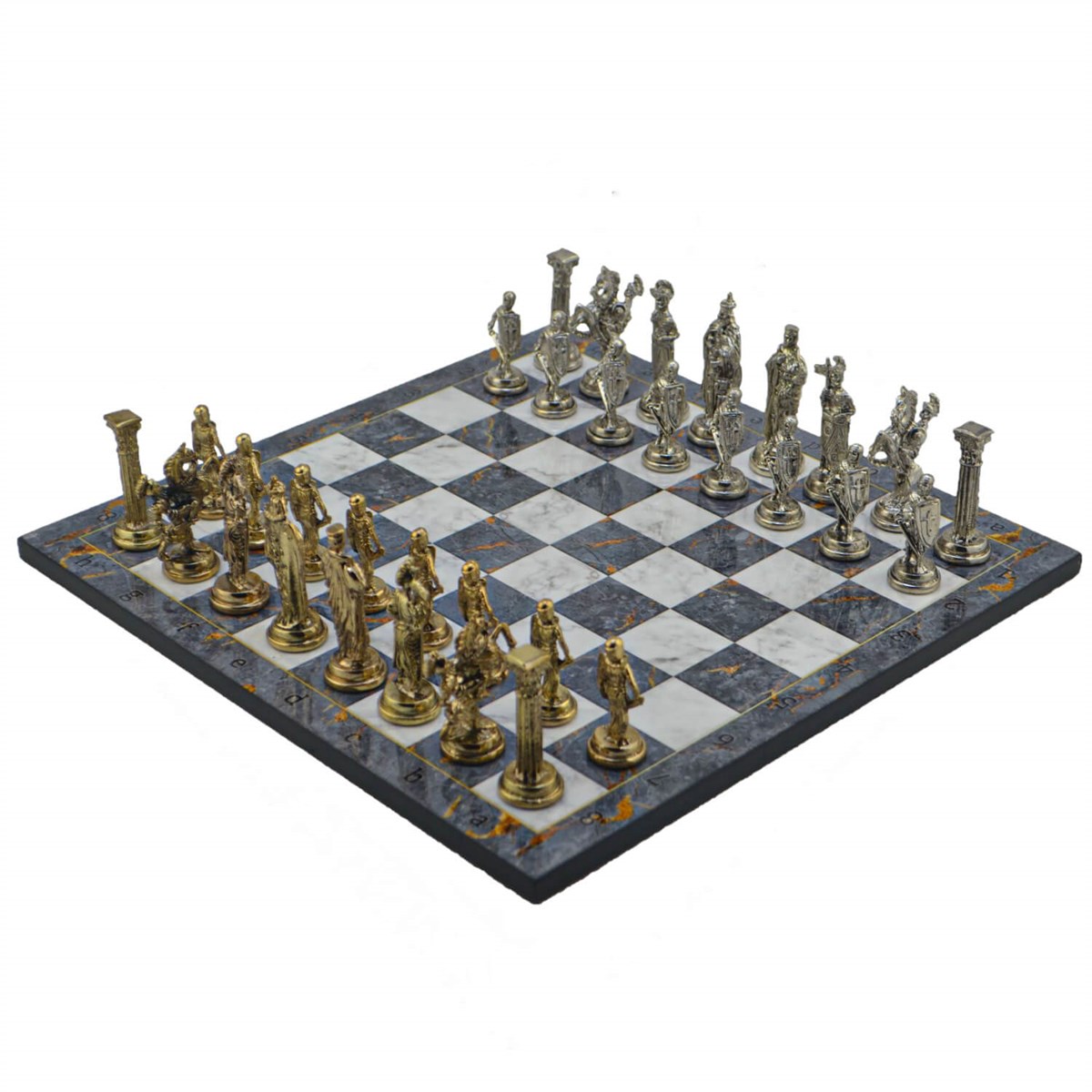 Gifthome Metal Satranç Takımı/Seti;Büyük,İngiliz,Parlak Taş ve Gri Mermer Desenli Satranç Tahtası