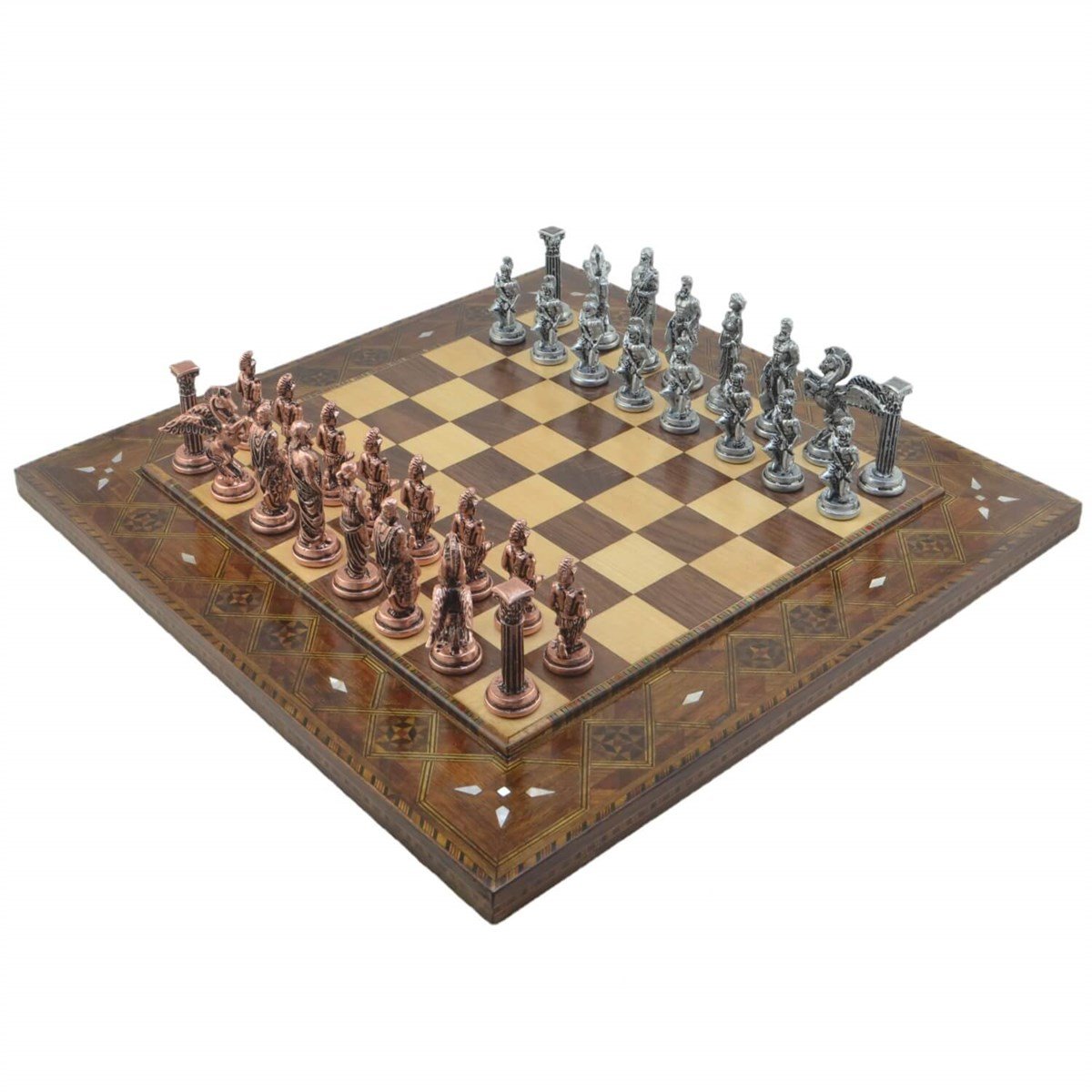 Gifthome Metal Satranç Takımı/Seti,Büyük,Pegasus, Antik ve Düz Masif Ahşap Satranç Tahtası