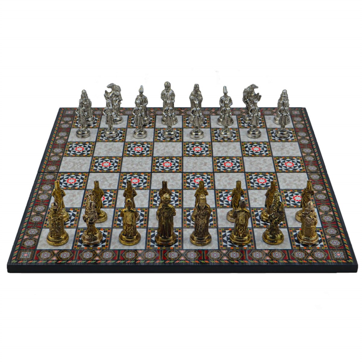 Gifthome Metal Satranç Takımı/Seti;Büyük,Osmanlı,Parlak ve Katlanır Sedef Desenli Satranç Tahtası