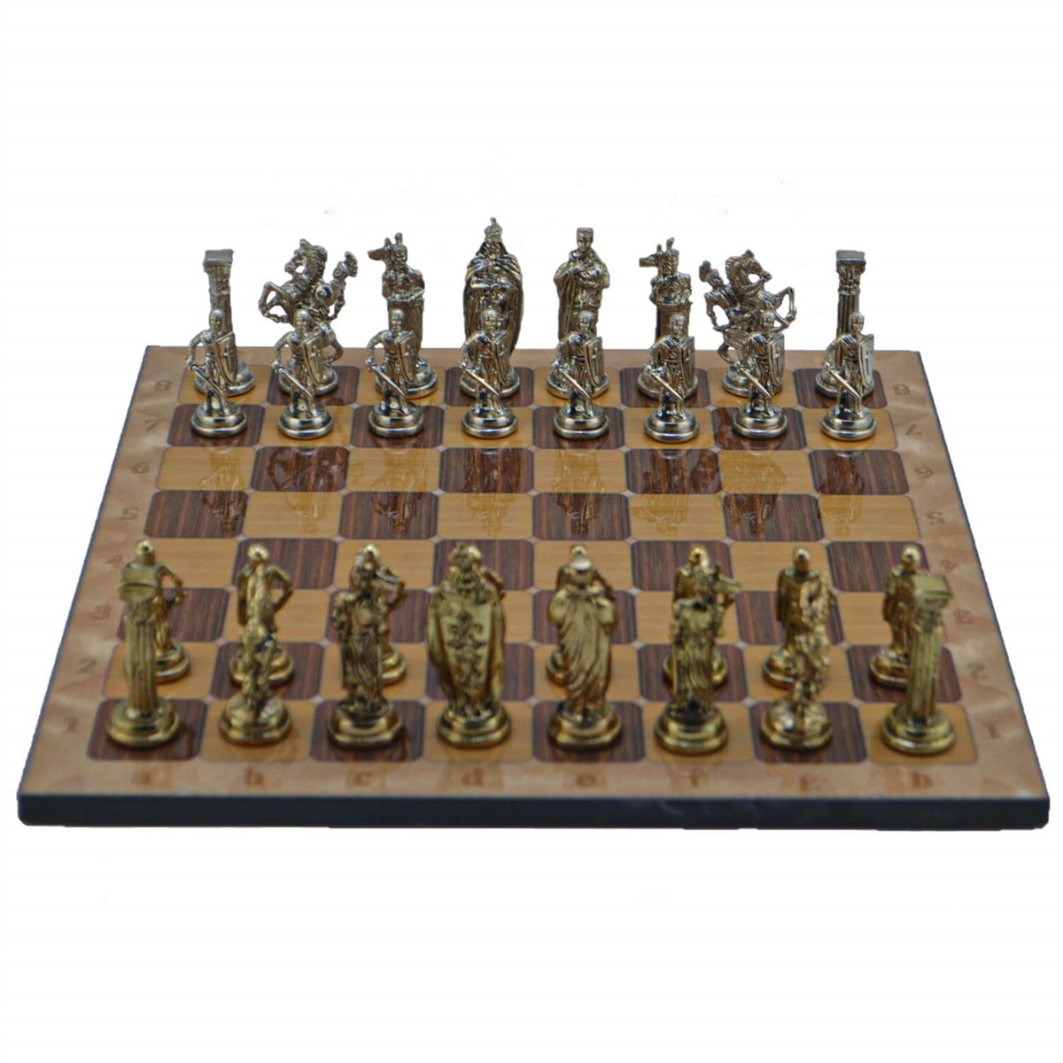 Gifthome Metal Satranç Takımı/Seti;Büyük,İngiliz,Parlak ve Rustik Ceviz Desenli Satranç Tahtası