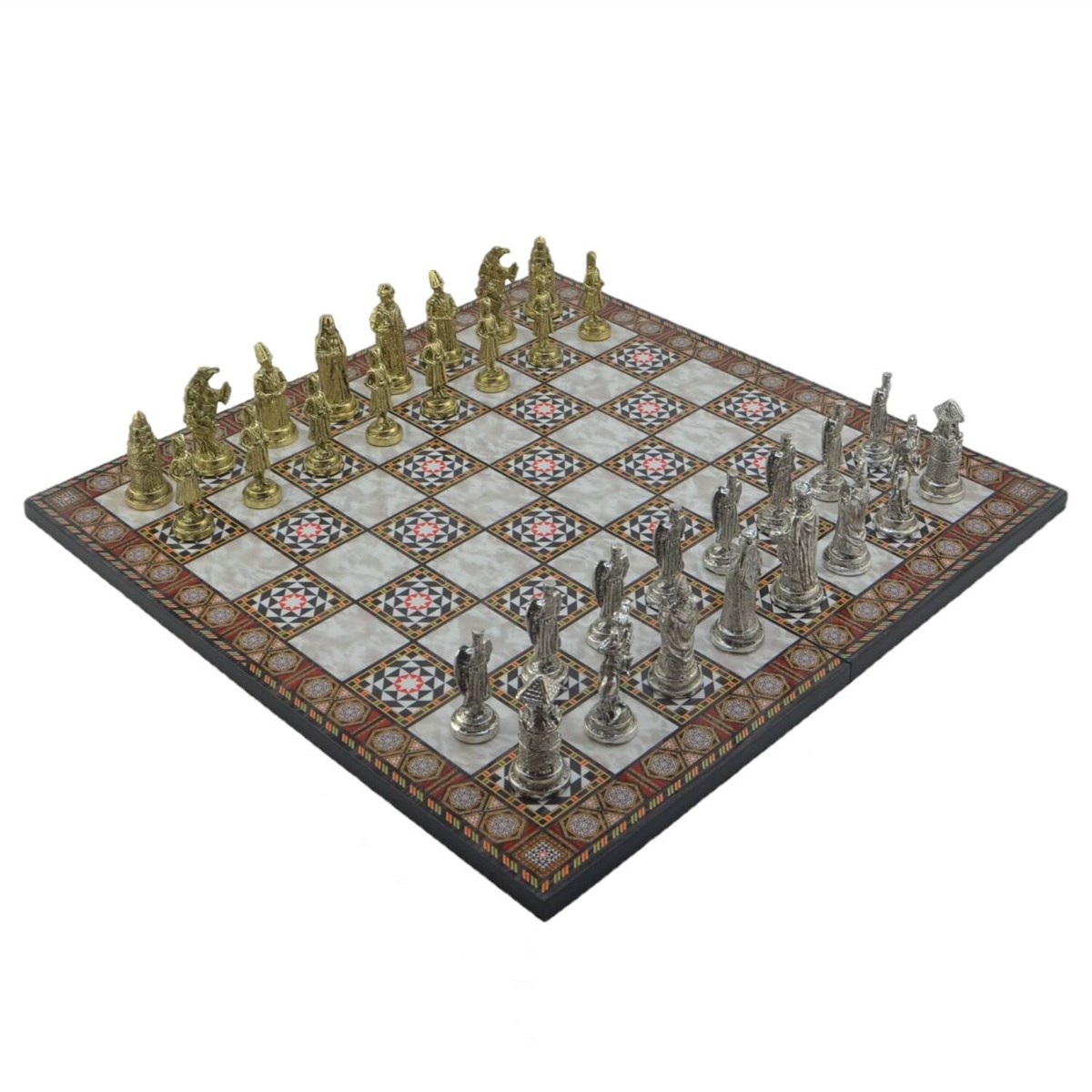 Gifthome Metal Satranç Takımı/Seti;Büyük,Osmanlı&Bizans,Parlak,Kat.Sedef Desenli Satranç Tahtası