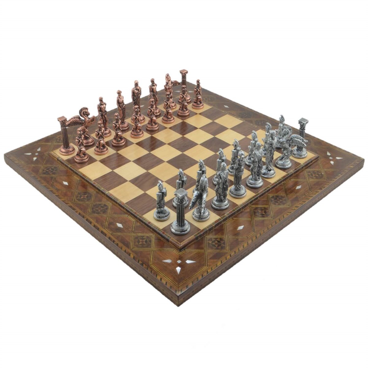 Gifthome Metal Satranç Takımı/Seti,Büyük,Pegasus, Antik ve Düz Masif Ahşap Satranç Tahtası