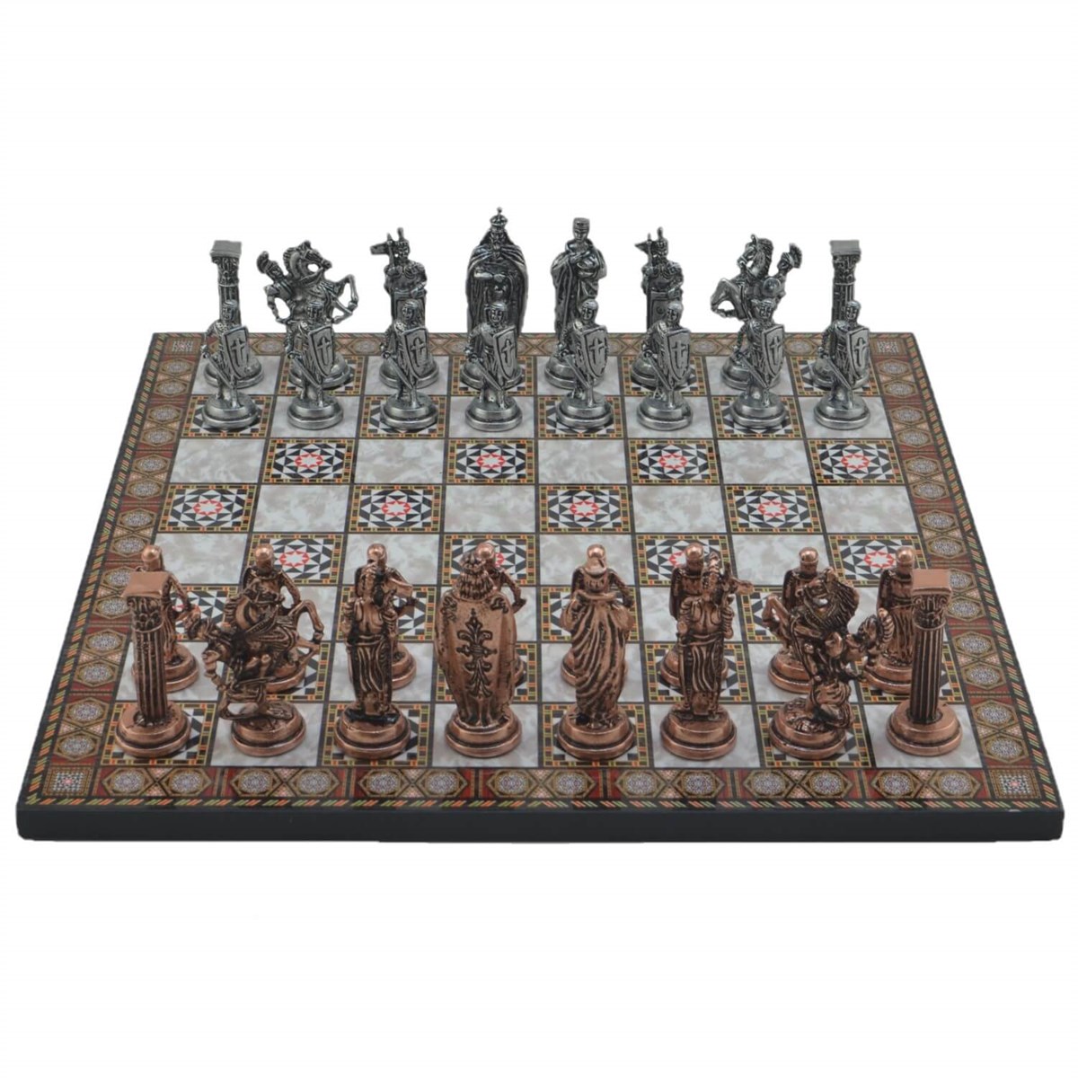Gifthome Metal Satranç Takımı/Seti;Büyük,İngiliz,Antik Taş ve Sedef Desenli Satranç Tahtası