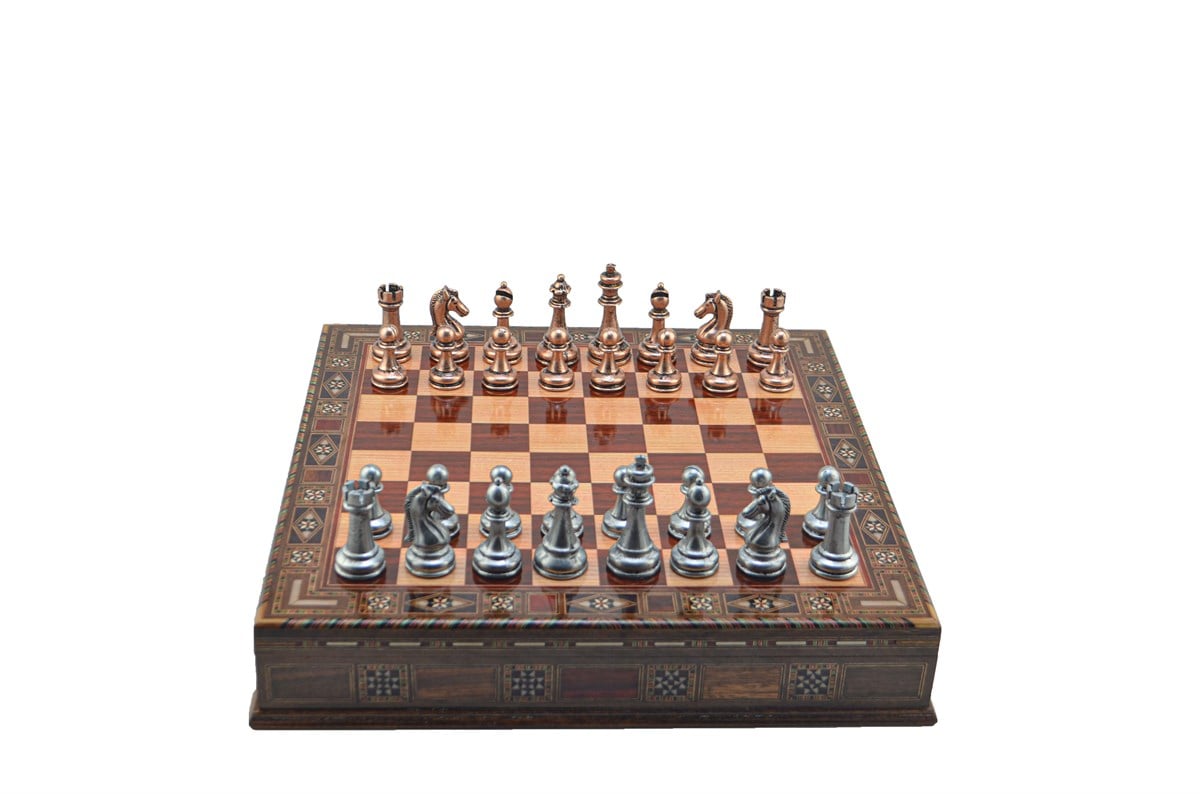 Gifthome Metal Satranç Takımı/Seti;Büyük,Antik,Klasik,Gül,Sandıklı Masif Ahşap Satranç Tahtası