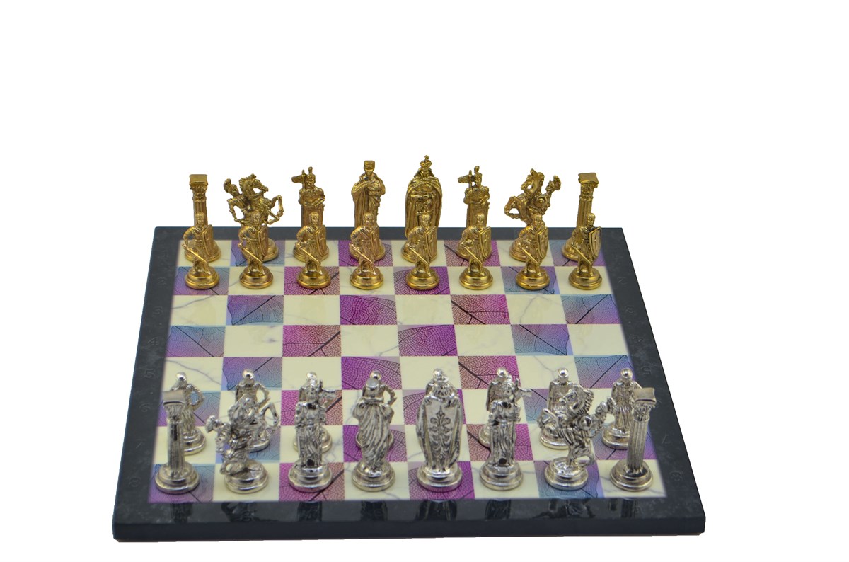 Gifthome Metal Satranç Takımı/Seti;Büyük,İngiliz,Parlak Taş ve Bahar Desenli Satranç Tahtası