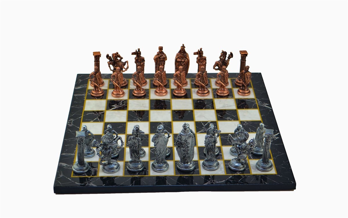 Gifthome Metal Satranç Takımı/Seti;Büyük,İngiliz,Antik Taş ve Düz Mermer Desenli Satranç Tahtası