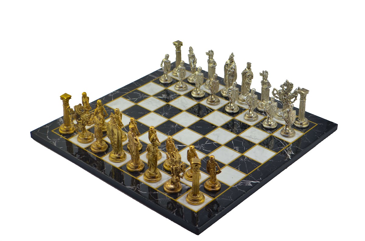 Gifthome Metal Satranç Takımı/Seti;Büyük,İngiliz,Parlak Taş ve Düz Mermer Desenli Satranç Tahtası