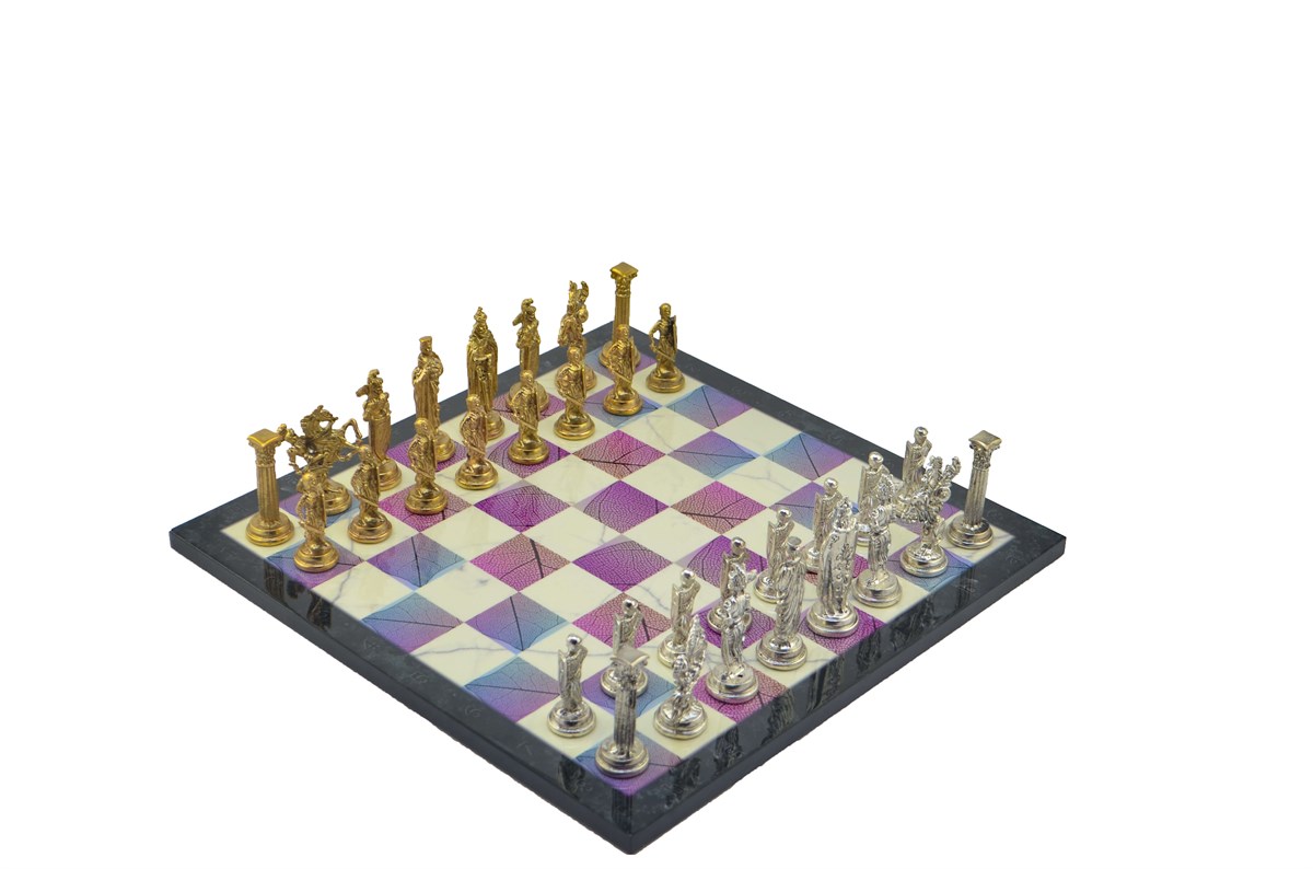 Gifthome Metal Satranç Takımı/Seti;Büyük,İngiliz,Parlak Taş ve Bahar Desenli Satranç Tahtası