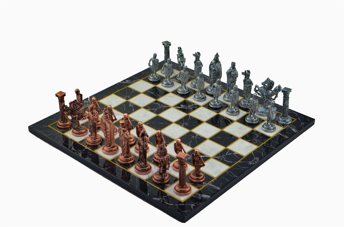 Gifthome Metal Satranç Takımı/Seti;Büyük,İngiliz,Antik Taş ve Düz Mermer Desenli Satranç Tahtası