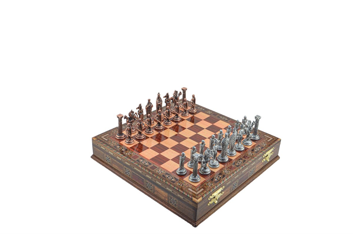 Gifthome Metal Satranç Takımı/Seti;Büyük,İngiliz,Antik,Gül,Sandıklı Masif Satranç Tahtası