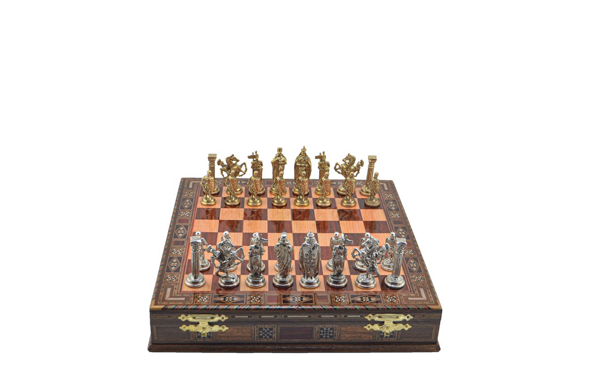 Gifthome Metal Satranç Takımı/Seti;Büyük,İngiliz,Parlak,Gül,Sandıklı Masif Ahşap Satranç Tahtası
